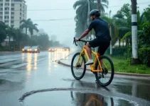 ciclista cai em buraco em Santos