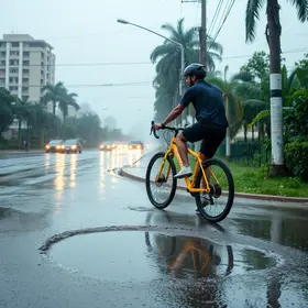 ciclista cai em buraco em Santos