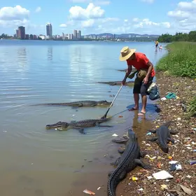 limpeza de lagoa onde jacarés foram flagrados